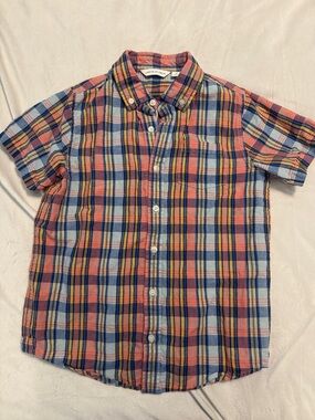 Janie and Jack Coral Blue Plaid Short-Sleeve Button-Down Shirt